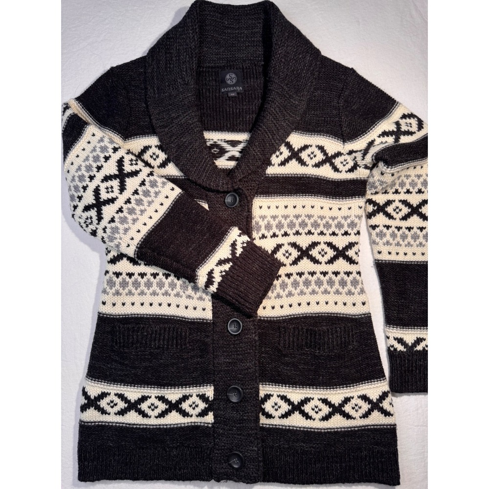 Sansara Fair Isle Shawl Collar Cardigan Sweater Gray Cream Wool Blend Small